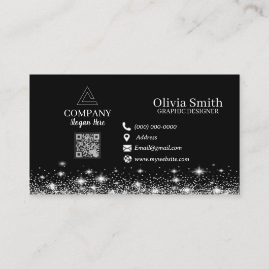 Trendy Stars & Sparkles QR Code Black Networking Visitekaartje (Voorkant)