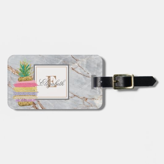 Trendy Steen Marmer Textuur, Monogram Ananas Bagagelabel (Voorkant horizontaal)