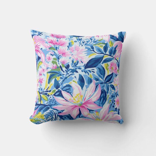 Trendy Stijlvol Blauw Roze Lilly Bloemenpatroon Kussen (Voorkant)
