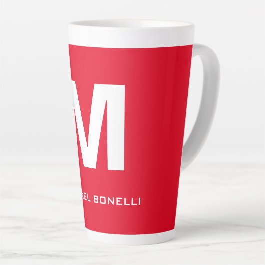 Trendy stijlvol rood wit monogram jouw naam latte mok (Rechterhoek)