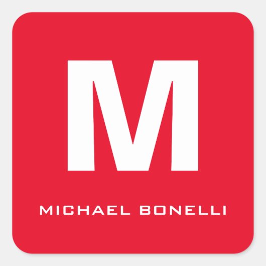 Trendy stijlvol rood wit monogram jouw naam vierkante sticker (Voorkant)