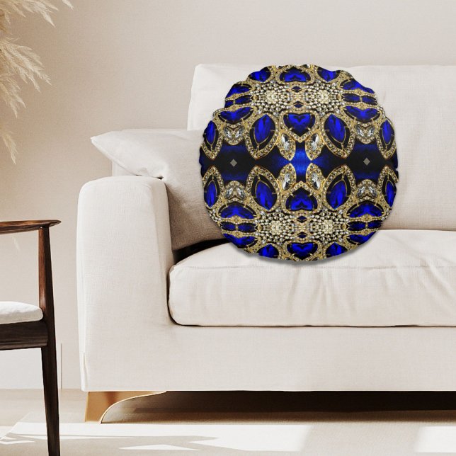 trendy stijlvol turkooise Gold deep blue Rond Kussen (trendy stylish turquoise gold silver deep blue round pillow)