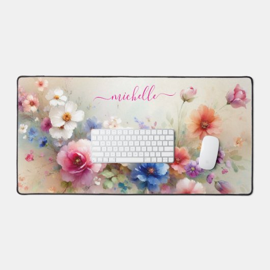 Trendy stijlvolle aquarel bloemen aangepaste naam bureaumat (Keyboard & Muis)