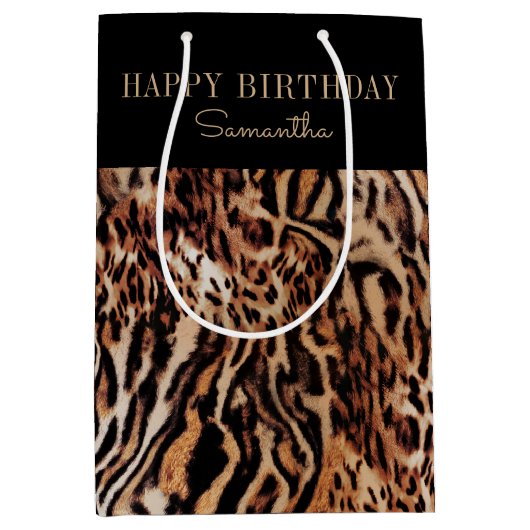 Trendy Stijlvolle Dierenprint Verjaardag met Naam Medium Cadeauzakje (Voorkant)