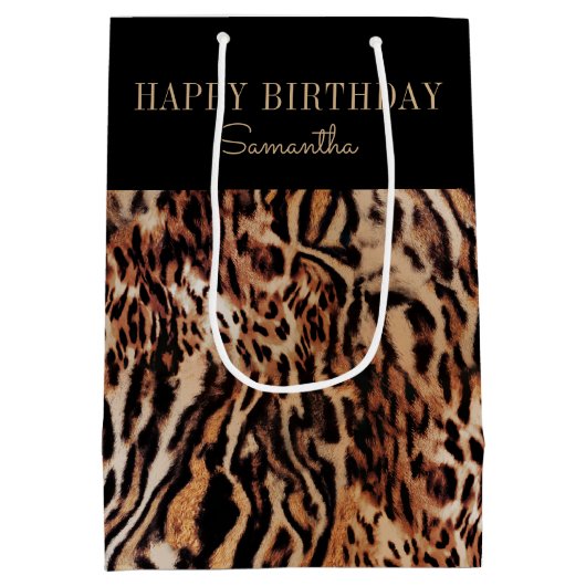 Trendy Stijlvolle Dierenprint Verjaardag met Naam Medium Cadeauzakje (Achterkant)