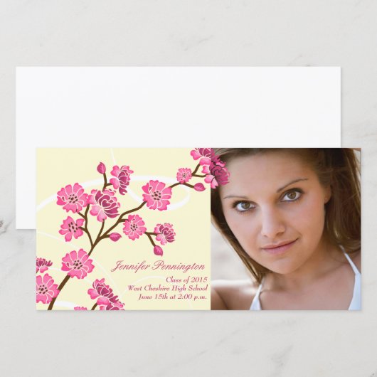 Trendy stijlvolle kersenbloesem afstuderen fotokaa aankondiging (Voorkant / Achterkant)