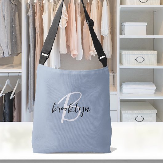 Trendy Stofblauw Zwart Wit Script Monogram  Crossbody Tas