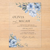 Trendy stoffige blauwe bloemenbruiloft acryl uitnodigingen (Voorkant)