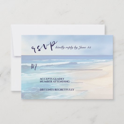 Trendy Strand Waterverf Ocean Wedding RSVP Kaartje (Voorkant)