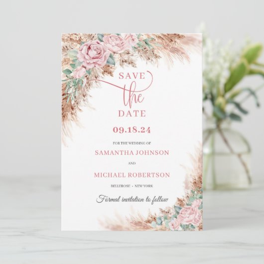 Trendy strandpampa's gras en blos rozen groen save the date (Staand voorkant)