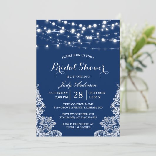 Trendy String Lights Lace Navy Blue Vrijgezellenfe Kaart (Staand voorkant)