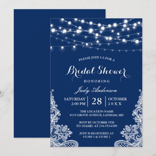 Trendy String Lights Lace Navy Blue Vrijgezellenfe Kaart (Voorkant / Achterkant)