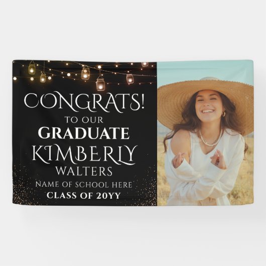 Trendy String Lights Photo Graduation Party Banner (Horizontaal)