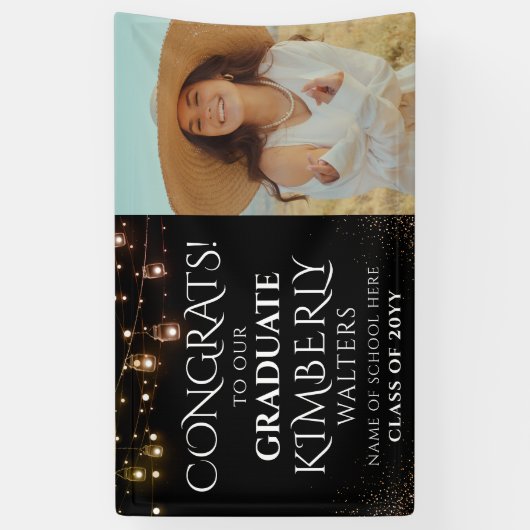 Trendy String Lights Photo Graduation Party Banner (Verticaal)