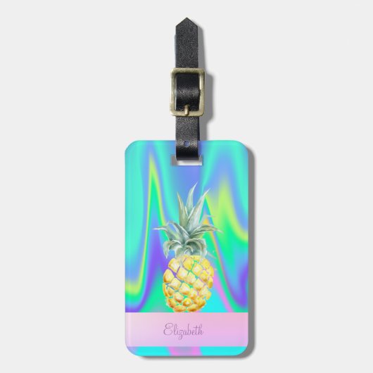 Trendy Stripe Pineapple Holographic Bagagelabel (Voorkant verticaal)