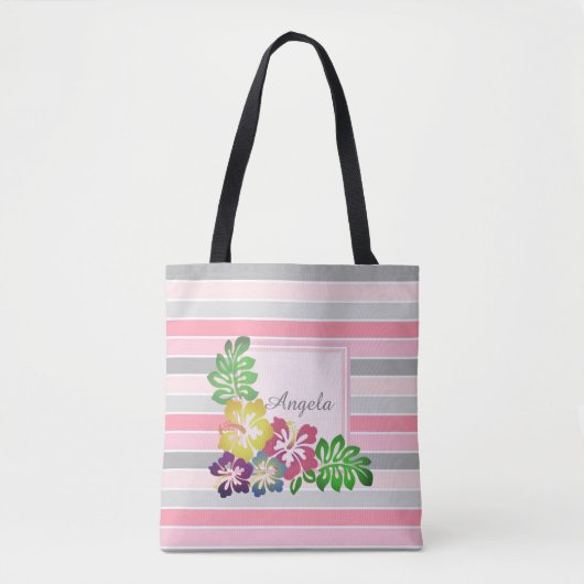 Trendy Striped, Hawaii Hibiscus - Personalized Tote Bag (Voorkant)