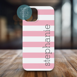 Trendy Striped Pattern met naam - Pastel Pink iPhone 15 Case