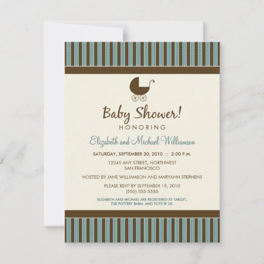 Trendy Stripes Baby shower Invitation (blauw/bruin Kaart (Voorkant)