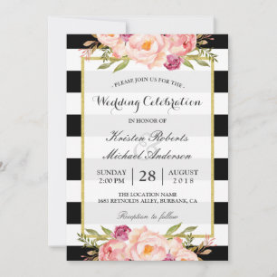 Trendy Stripes Floral Gold Wedding Celebration Kaart