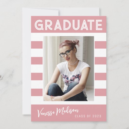 Trendy Stripes Simple Retro Afstuderen fotoroze Aankondiging (Voorkant)