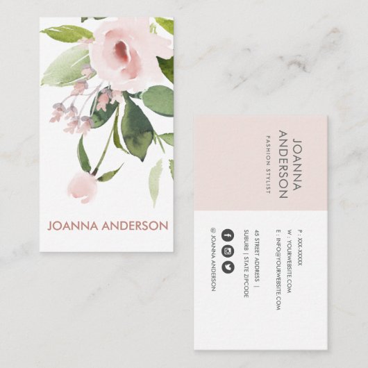 TRENDY SUBTLE KLEUR WASH BLUSH PINK FLORAL BUNCH VISITEKAARTJE (Voorkant / Achterkant)
