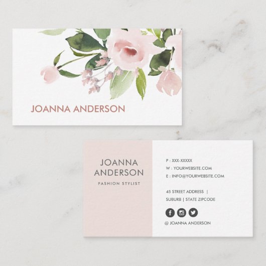 TRENDY SUBTLE KLEUR WASH BLUSH PINK FLORAL BUNCH VISITEKAARTJE (Voorkant / Achterkant)
