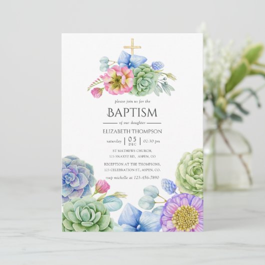 Trendy Succulent Floral Baptisme Kaart (Staand voorkant)