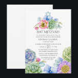 Trendy Succulent Floral Bat Mitzvah Kaart<br><div class="desc">Vibrant waterverf bat mitzvah uitnodiging met roze en paarse bloemen,  succulenten en eucalyptusbladeren.</div>