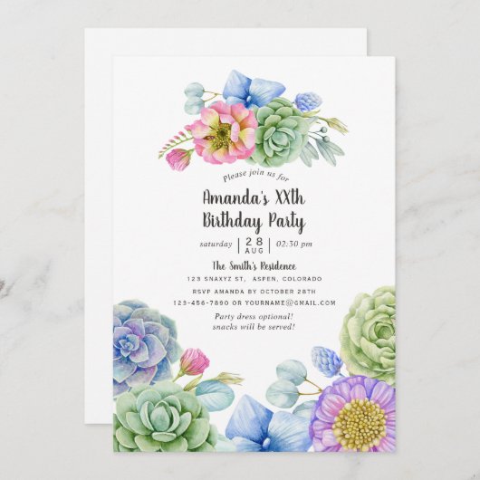 Trendy Succulent Floral Birthday Party Kaart (Voorkant / Achterkant)