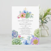 Trendy Succulent Floral First Heilige Communie Kaart (Staand voorkant)