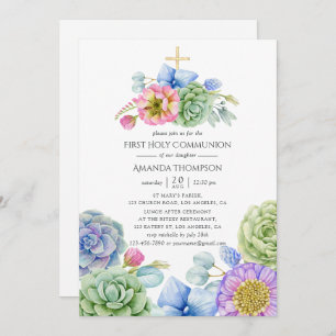 Trendy Succulent Floral First Heilige Communie Kaart