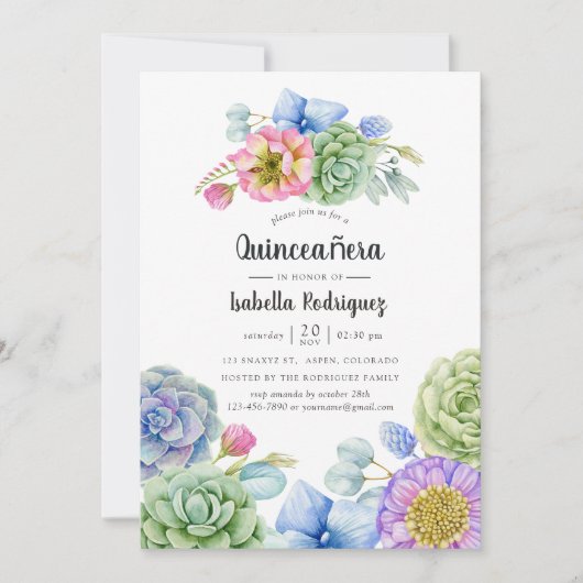 Trendy Succulent Floral Quinceañera Kaart (Voorkant)