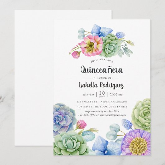 Trendy Succulent Floral Quinceañera Kaart (Voorkant / Achterkant)