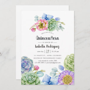 Trendy Succulent Floral Quinceañera Kaart