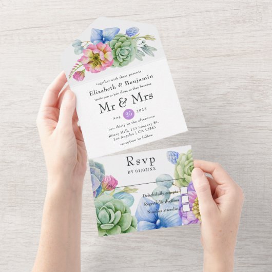 Trendy Succulent Tropical Floral die iedereen binn All In One Uitnodiging (Afscheurbaar)