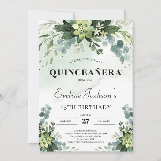 Trendy succulente eucalyptus boho quinceanera kaart (Voorkant)