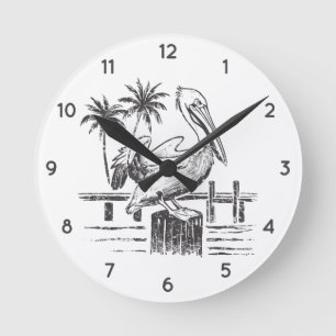 Trendy Summer Beach Palm Tree Pelican op een beric Ronde Klok