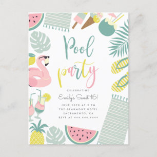 Trendy Summer Pool Party Script Sweet 16 Birthday Uitnodiging Briefkaart