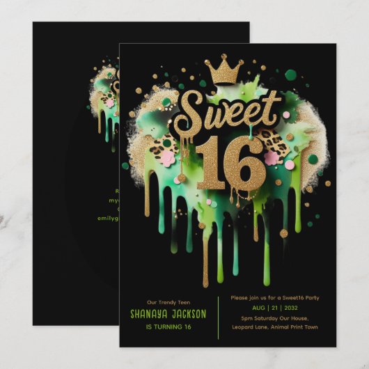 Trendy Sweet 16 Leopard Print Groen Goud Kaart (Voorkant / Achterkant)