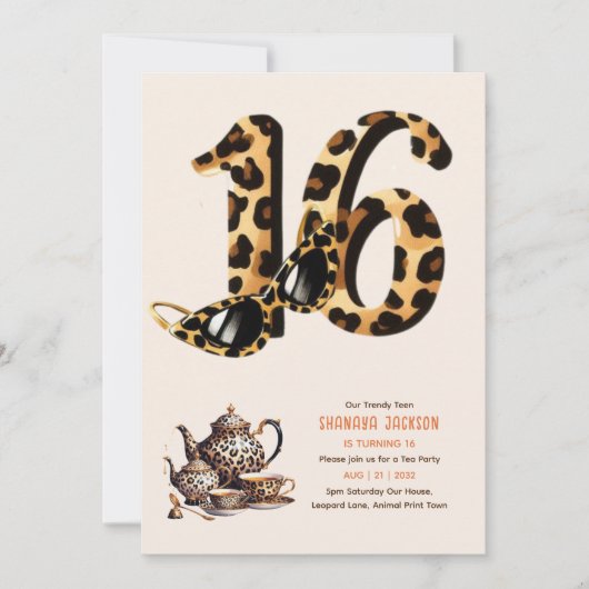 Trendy Sweet 16 Leopard Print Tea Party Kaart (Voorkant)