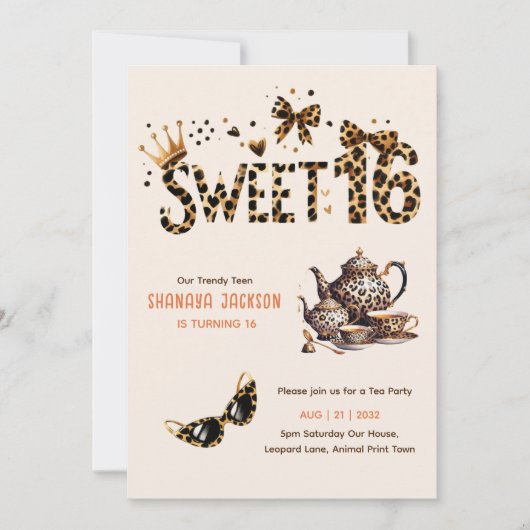 Trendy Sweet 16 Leopard Print Tea Party Kaart (Voorkant)