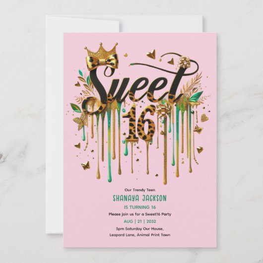 Trendy Sweet 16 Luipaardprint Groene Roze Goud  Kaart (Voorkant)
