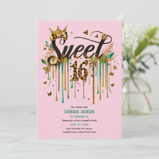 Trendy Sweet 16 Luipaardprint Groene Roze Goud  Kaart (Staand voorkant)
