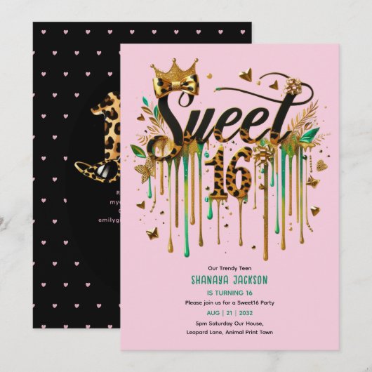 Trendy Sweet 16 Luipaardprint Groene Roze Goud  Kaart (Voorkant / Achterkant)