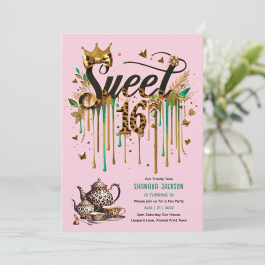 Trendy Sweet 16 Luipaardprint Theepartij Kaart (Staand voorkant)