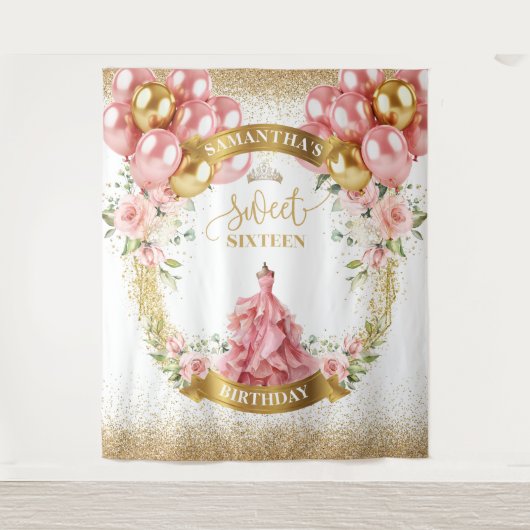 Trendy Sweet Sixteen Banner Blush Rozen Gold Tiara Wandkleed (Voorkant)