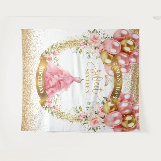 Trendy Sweet Sixteen Blush Rozen Gold Glitter Wandkleed (Voorkant (horizontaal))