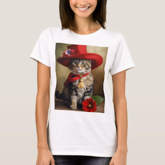 Trendy T-shirt voor dames met coole kat met rood