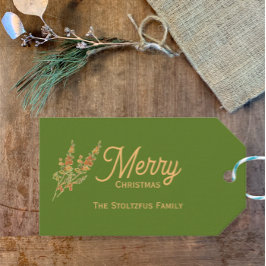 Trendy Tan Green Christmas Waterverf Botanisch Cadeaulabel