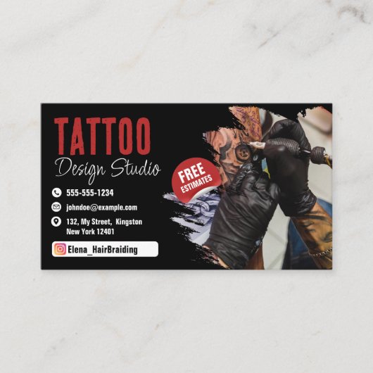 Trendy Tattoo Artist Studio Zwart en Rood Visitekaartje (Voorkant)